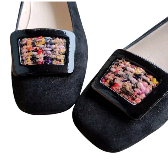 Talbots Black Suede Ballet Flats Buckle Tweed 6.5 B Square Toe Flats - Picture 2 of 7